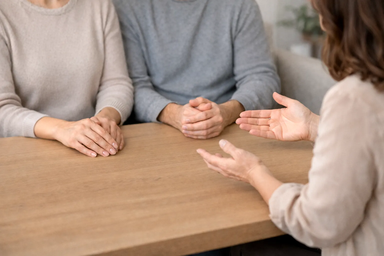 Familienmediation in Lörrach und Basel: Eine Mediatorin führt ein klärendes Gespräch mit einem Paar an einem Tisch.